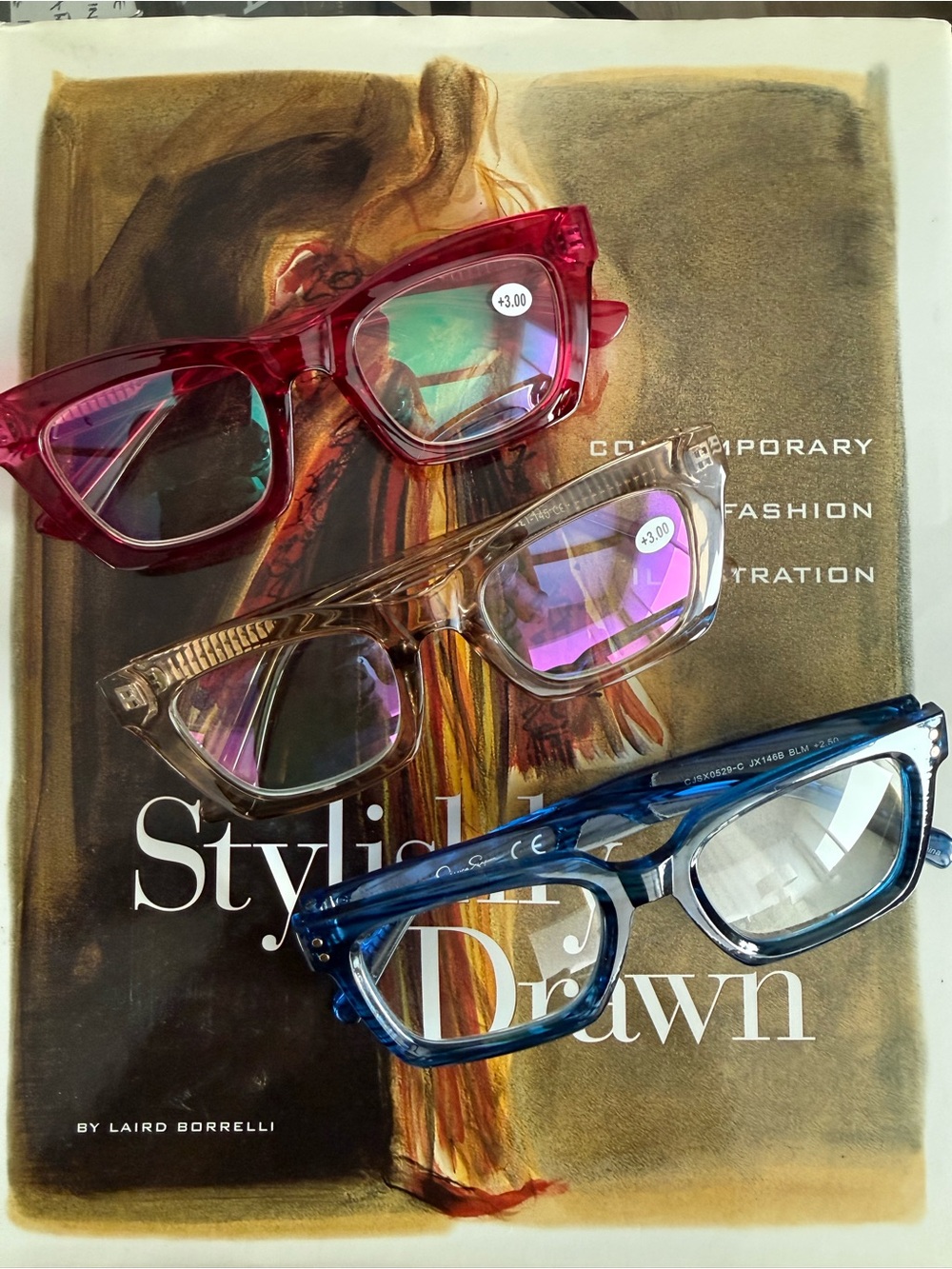 Jessica Simpson 3.00 Reader Glasses Trio Pack - Red, Clear, Blue